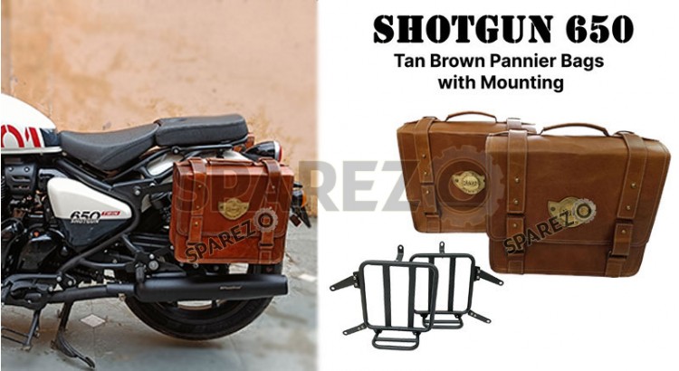 Fit For Royal Enfield Shotgun 650 Tan Brown Leather Pannier Bags with Mounting - SPAREZO